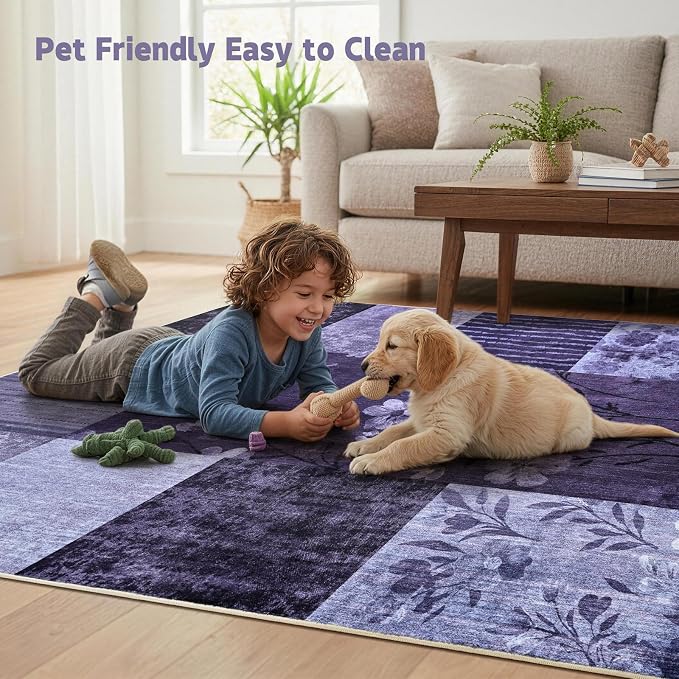 DweIke Floral Rugs for Living Room, 6x9 Washable Area Rug for Dining Room Farmhouse Office Bedroom Decor, Geometric Patchwork Stain Resistant Low Pile Indoor Floor Throw Rugs, Purple