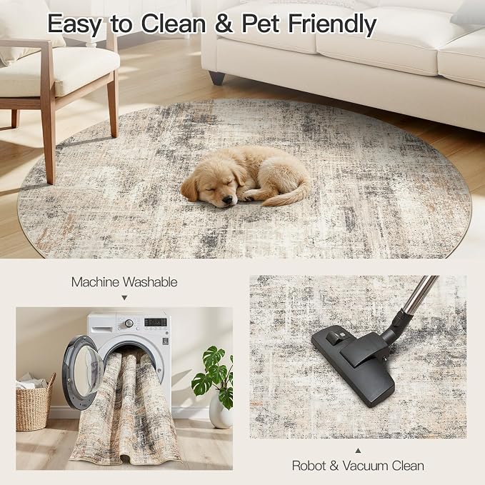4ft Area Rug for Living Room, Abstract Washable Non-Slip Large Rugs, Gold | Soft Neutral Carpet for Bedroom, Dining Room, Home Office Nursery Indoor, Stain Resistant, Low Pile, Foldable Modern Rug