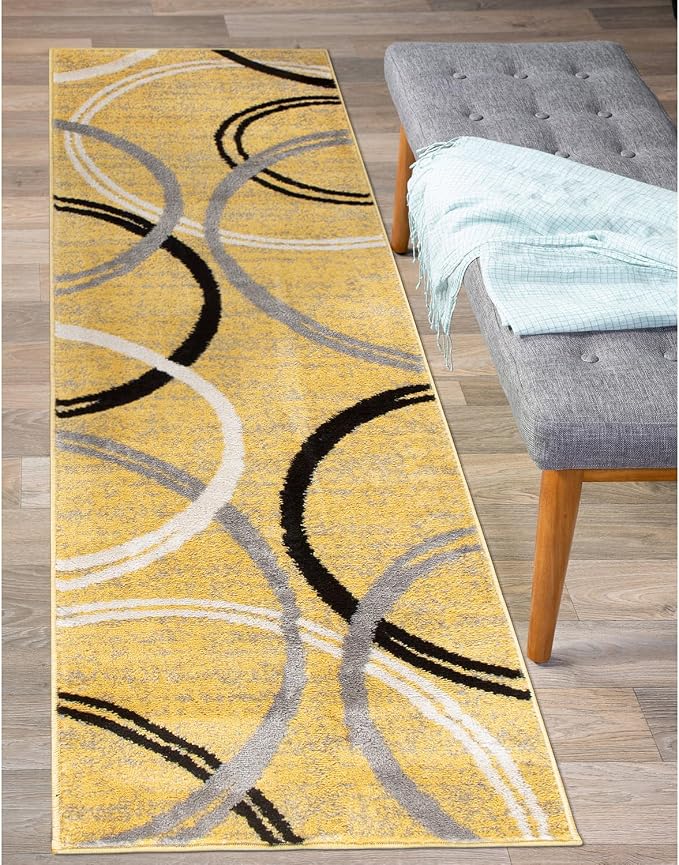 Rugshop Wavy Circles Fade-Resistant Living Room Runner Rug Yellow 2' x 7'2" | Rectangular, Size 2' x 7'2", Bedroom, Dining Room, Home Office, Kitchen, Entryway, Hallway, Nursery, Kids Room, Guest Room