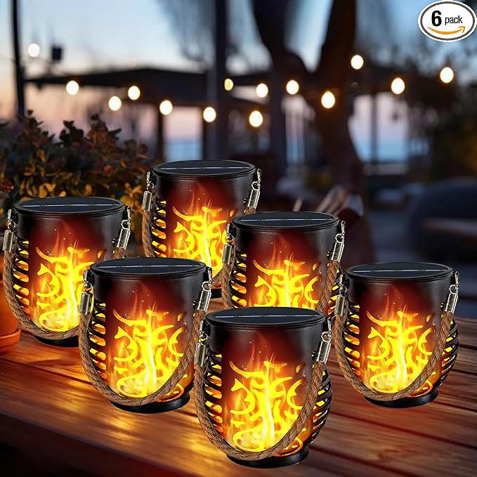 6 Pack Solar Lights Outdoor Waterproof Hanging Solar Lanterns Flame Lights | Realistic Flickering Flame, IP65 Waterproof, Auto On/Off Solar Powered, Hemp Rope Handle, Outdoor Indoor Yard Tabletop Decor