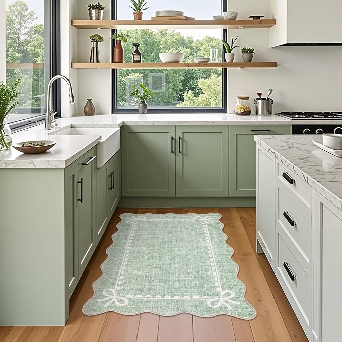 GarveeHome Scalloped Entryway Rug 2x3 Washable Bow Rug, Sage Green | Non Slip Soft Low Pile Ultra-Thin Stain Resistant Indoor Carpet for Girls Dorm Nursery Bedroom Decor Hallway Kitchen Floor