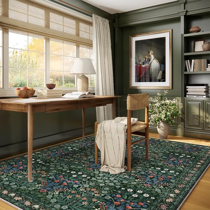 Floral Dark Green Area Rugs 5x7, Soft Washable Non-Slip Low Pile Boho Rugs for Living Room & Bedroom, Stain Resistant Forest Farmhouse Large Carpet for Dining Room & Office