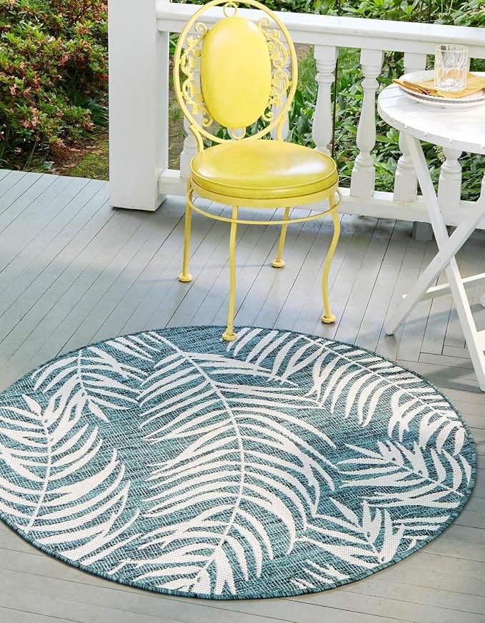 Unique Loom Outdoor Botanical Collection Area Rug - Palm (5' 3" Round Teal/Ivory)