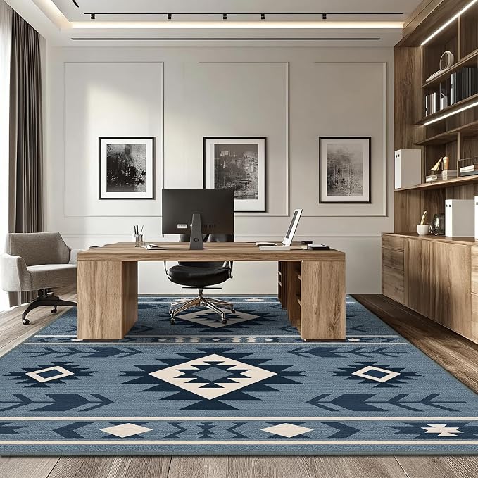 8x10 Area Rug for Living Room Western Rug Southwestern Aztec Tribal Rugs Southwest Navajo Machine Washable Non-Slip Printed Low-Pile Floor Carpet for Bedroom Dining Room Office, Blue