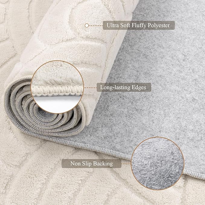 SHACOS Soft Fluffy Arch Waves Pattern High-Low Textured Area Rug 8'x10' | Cozy Large Non Slip Washable Minimalist Rug Modern Graphic Rainbow Carpet for Living Room Bedroom Dining Room, Cream