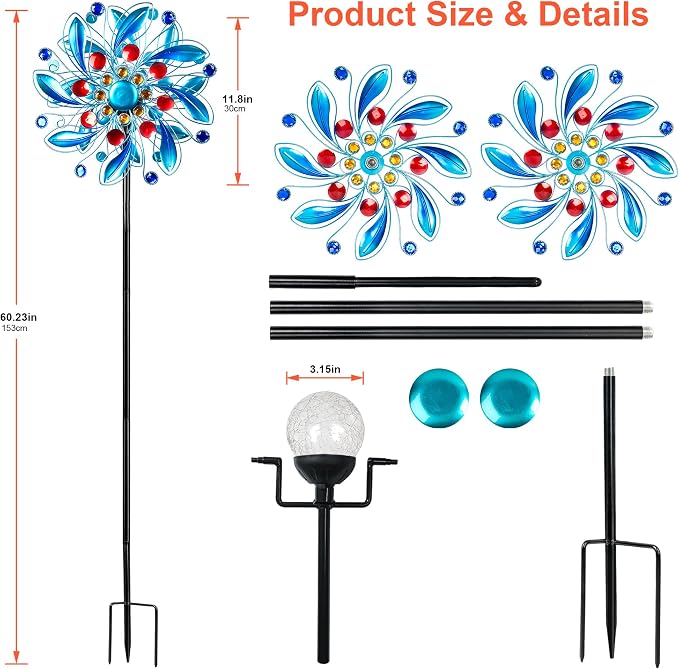 Solar Wind Spinner with Glass Ball - Lighted Kinetic Metal Yard Art with Jeweled Accents - Vibrant Blue Floral Windmill Outdoor Garden Decor for Patio, Lawn, and Pathway