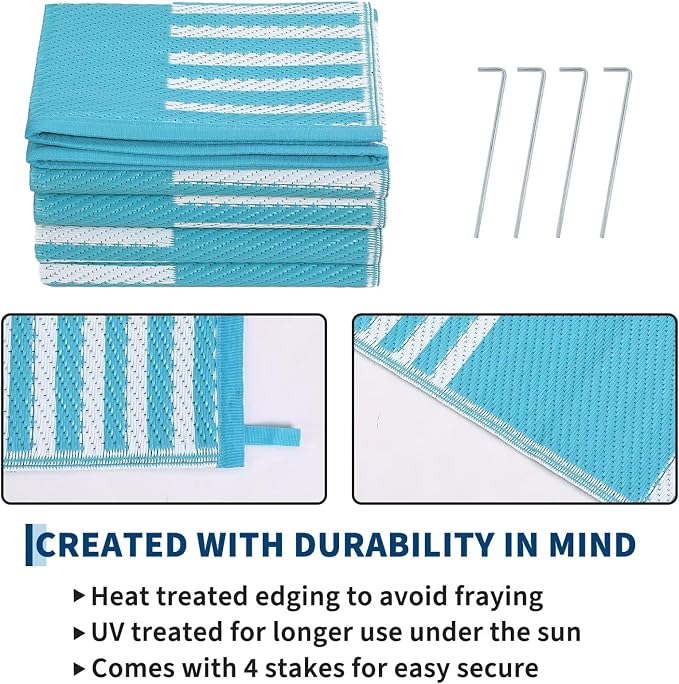 Garvee Waterproof Outdoor Rug 5x8, Checkered Foldable Plastic Straw Patio Camping Rug, Outdoor RV Carpet for Deck Camper Porch Balcony Backyard Picnic Beach Blue and White