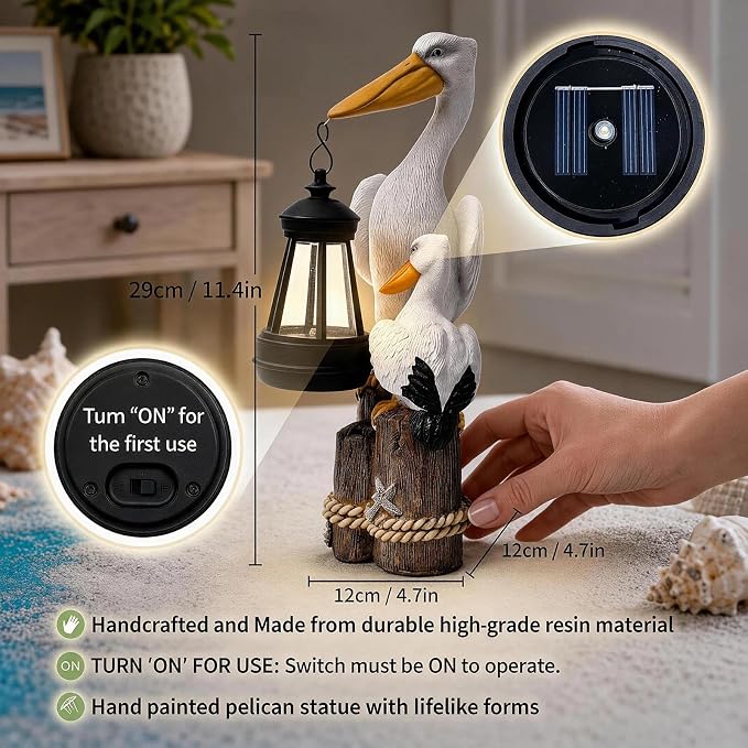 Solar Pelican Garden Statue with LED Lantern, 11.4 Inch Hand-Painted Resin Outdoor Figurine Light for Patio Lawn Yard, Coastal Bird Gift for Women Mom Grandma