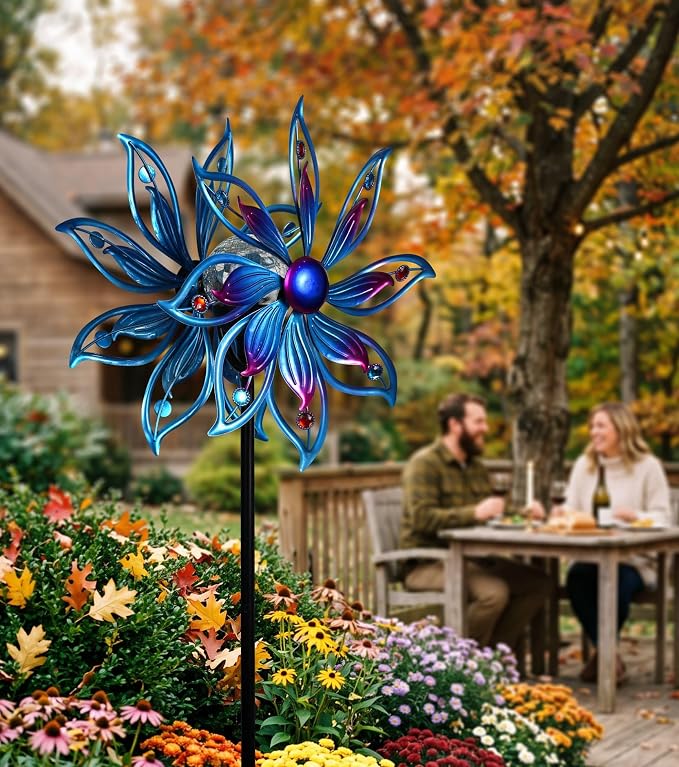 Solar Wind Spinner Outdoor Mandala Kinetic LED Garden Yard Art Decor | Hand-Crafted Art, 3D mandala wind spinner, Whisper-quiet dual bearings, Stable 5-prong stake, Blue Purple Fade