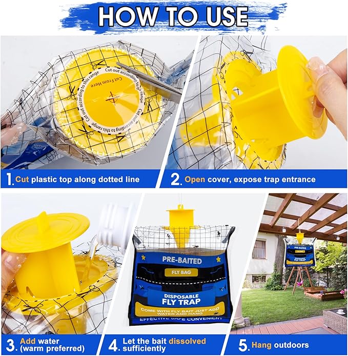 10 Pack Fly Traps Outdoor Hanging for Patio, Outdoor Disposable Hanging Fly Trap with 30g Bait, Bug Fly Hunter Catcher Killer Control for Barn Horse Ranch Chicken Coop