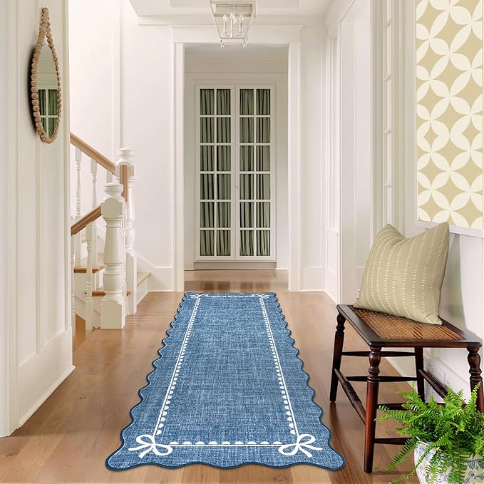 GarveeHome Scalloped Hallway Runner Rug 2.5x8 Non Slip Dark Blue Rugs | Washable Bow Rug for Girls Bedroom Dorm Nursery Entyrway Kitchen, Soft Low Pile Ultra-Thin Stain Resistant Indoor Carpet