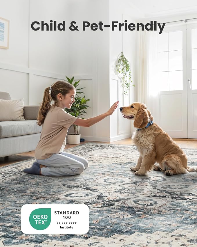 AMADA HOMEFURNISHING 2'6"x10' Washable Area Rug, Low-Profile Entryway Rug with Non-Slip Backing & Durable Edge Binding, Vintage Rug Pattern, Small Rugs for Entryway, Kitchen & Living Room