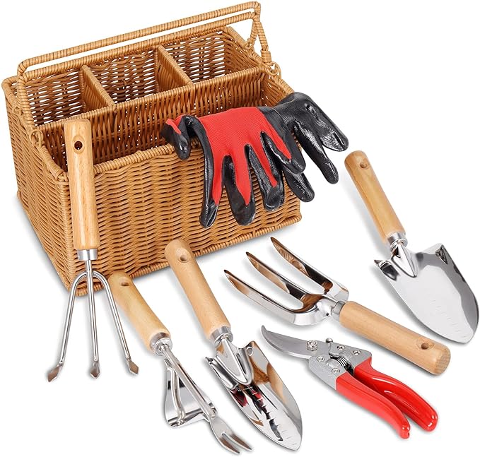 SOLIGT 8 Piece Garden Tools Set with Basket, Gardening Gifts for Women Men | Heavy Duty Stainless Steel Pruning Shears, Trowels, Weeder, Rake, Garden Hand Tools And Gloves With Wood Handles