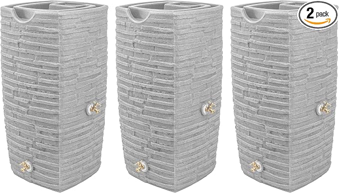 Good Ideas Impressions Riverwalk 50 Gallon Faux Slate Surface Dual Spigot Rain Barrel with 2 Brass Spigots and Screen, Light Granite (3 Pack)