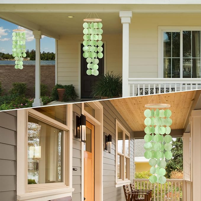 Wind Chimes for Outside - Handcrafted Green Capiz Shells Windchime Coastal Style Decor for Indoor/Outdoors, Garden Decor, Great for Women, Wind Chimes Lovers and More