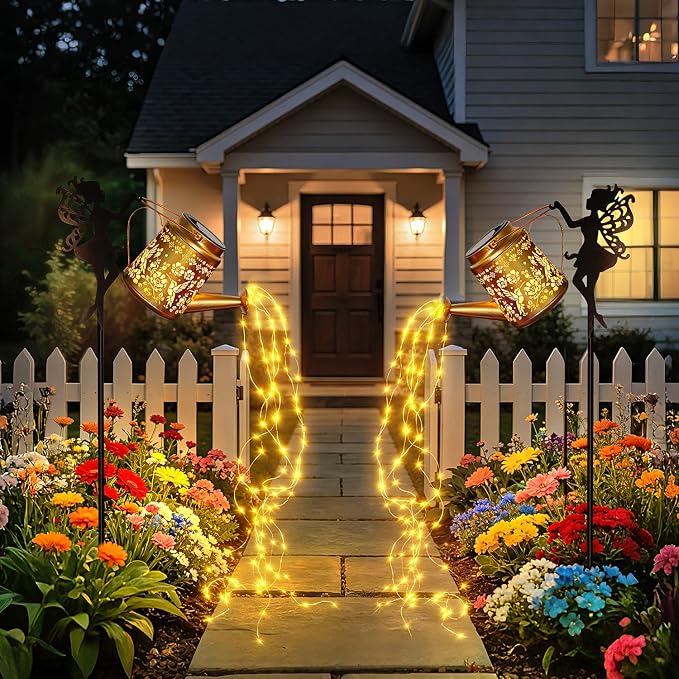 2 Pack Solar Fairy Watering Can Lights Outdoor, Waterproof Solar Hanging Lantern with Cascading Lights for Garden Yard Patio Lawn Pathway, Hummingbird Gardening Gifts for Women Mom Grandma Birthday