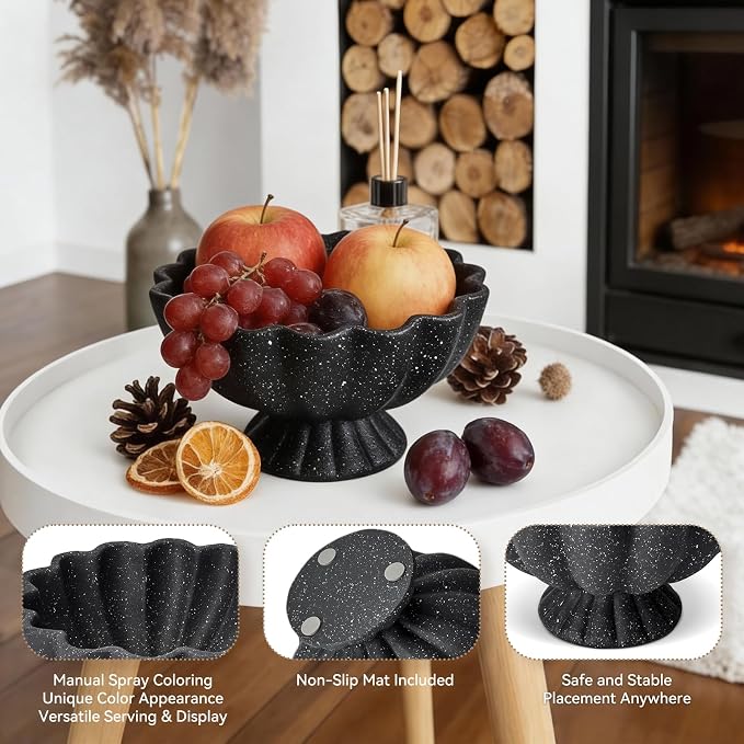 Pedestal Decorative Bowl Home Decor - 7.9" Morden Resin Handmade Decorative Fruit Bowl for Kitchen Counter, Chic Ruffle Bowl Centerpiece Decor for Dining Table Coffee Table (Starry Black)