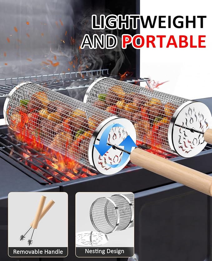 Rolling Grill Basket, Grill Gift for Men, Removable Wooden Handle, 304 Stainless Steel, Nesting BBQ Tools for Vegetable, Outdoor Smoker Camping Accessories, Ideal Gifts for Men Dad Husband Birthday