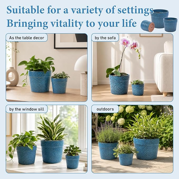 Ceramic Planters Set of 3, 15/12/9 Inch Indoor & Outdoor Large Plant Pots with Drainage Hole, Handmade Speckled Glaze Decorative Flower Pots for Indoor Plants, Patio & Garden, Antique Blue