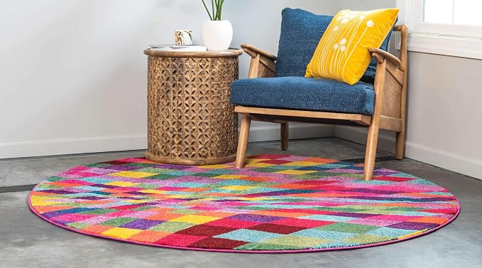 Unique Loom Estrella Collection Geometric, Abstract, Colorful, Modern, Eclectic Area Rug (8' 0 x 8' 0 Round, Multi/Pink)