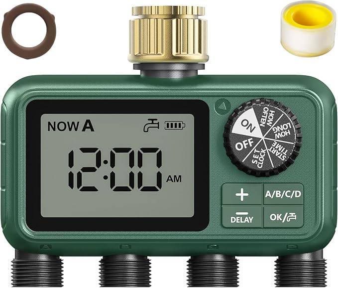 Water Timer for Outdoor Garden Hose, Sprinkler Timer for Garden Faucet with Auto/Manual/Rain Delay Mode, Sprinkler Irrigation Controller for Yard Lawn (4 Zones Brass Inlet)