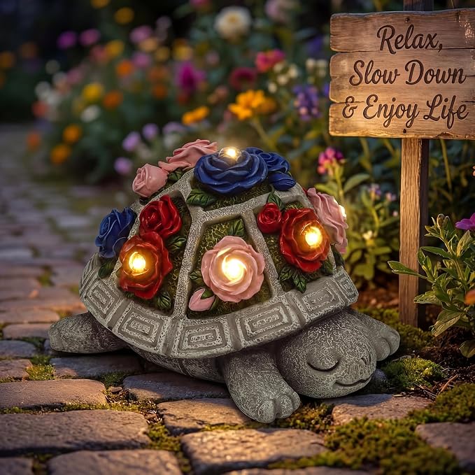 Solar Garden Decor Outdoor Turtle Statue with Multi-Color Rose Flowers & 7 LED Lights – Outside Tortoise Decoration for Lawn Yard Patio Backyard - Home House Art - Gift for Men Dad Women Mom