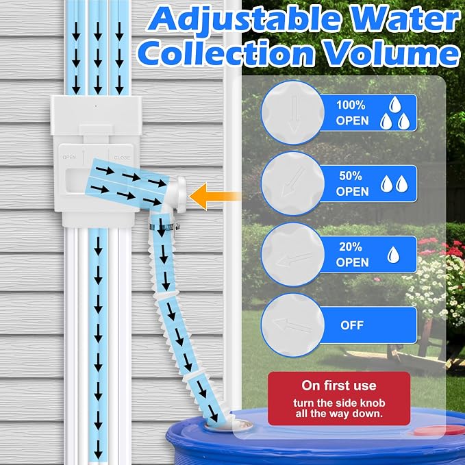 WADEO Rainwater Collection System, Downspout Diverter Fits for 2"x 3" or 3"x 4" Residential Downspouts, Rain Barrel Diverter Kit with Adjustable Valve and Filter, 5FT Hose, White, 2Pack