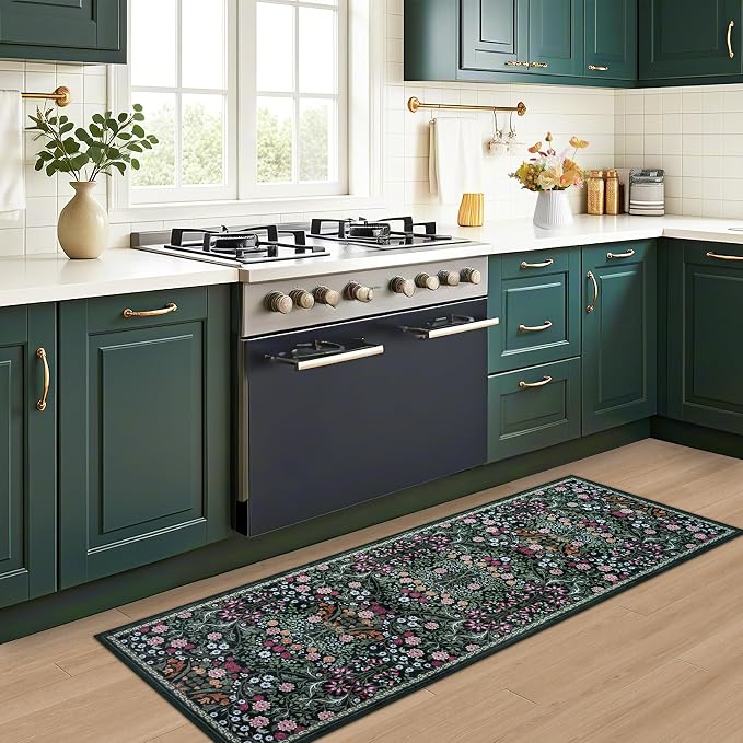 PLHXFR 2x6 Washable Runner Rug：Floral Indoor Kitchen Carpet Dark Green | For Hallway Bedroom Kitchen Laundry Bathroom Dorm,Vintage Floral,Machine washable,Non Slip,Stain Resistant,Indoor Floor