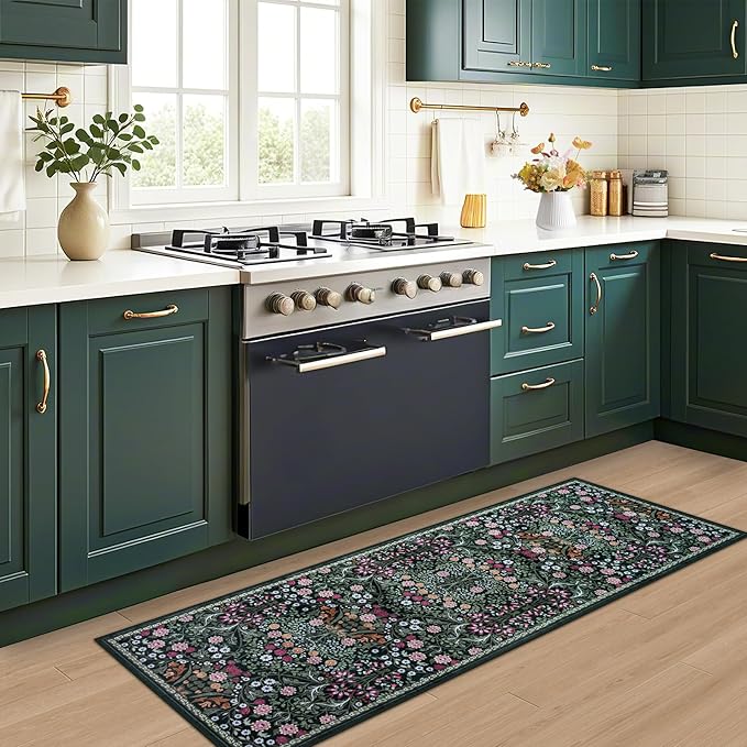 PLHXFR 2.6x8 Washable Runner Rug：Floral Indoor Kitchen Carpet Dark Green | For Hallway Bedroom Kitchen Laundry Bathroom Dorm,Vintage Floral,Machine washable,Non Slip,Stain Resistant,Indoor Floor