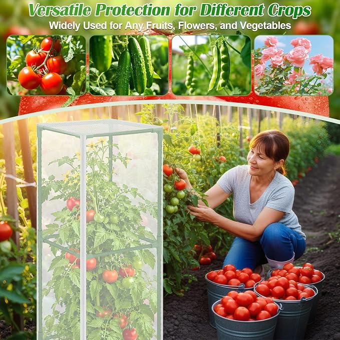 ROADPLUM 2 Pack Square Tomato Cages with 2 Plant Covers, 48" Heavy Duty Adjustable Tomato Cage for Garden, Plastic Coated Steel Pipe Stakes Trellis Plant Cages for Vegetable, Fruit, Climbing Plants