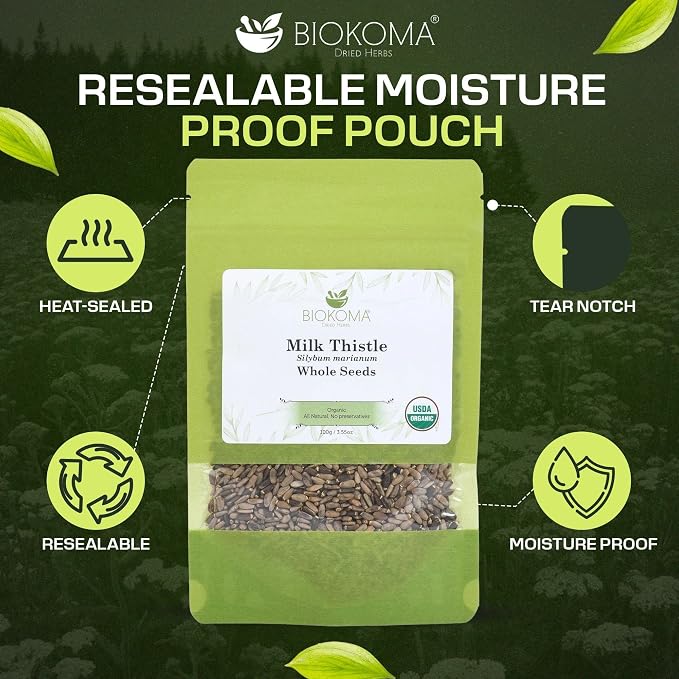 Biokoma Organic Milk Thistle Seeds 3.55 oz, Silybum Marianum for Milk Thistle Tea, USDA Organic Herbal Tea, Loose Whole Seeds in Resealable Moisture Proof Pouch, Non GMO, No Additives, Kosher