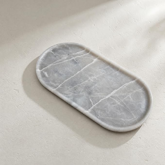 Genuine 100% Natural Marble Tray, Luxury Glacier Grey Stone Vanity Tray | 11.8" x 5.9" Decorative Oval Trays for Countertop Storage, Bathroom, Dresser, Kitchen, Home Decor, Jewelry Makeup Organizer