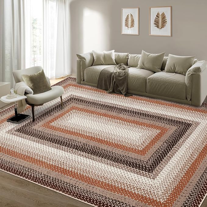 RUGSREAL 9x12 Braided Rug Washable Non Slip Living Room Bedroom Area Rugs | Modern Braid Printed Large Dining Room Rug with Rubber Backing Farmhouse Accent Carpet for Home Decor Office, Brown/Rust