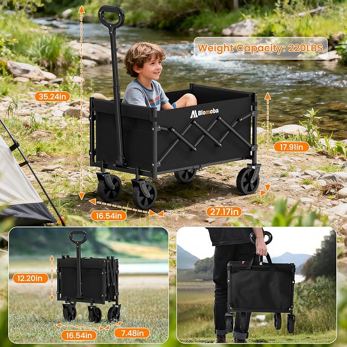 Collapsible Wagon with Wheels, 220 lbs Wagons Carts Foldable Wagon Cart with Flexible Handle, Lightweight Portable Folding Utility Grocery Shopping Cart for Grocery Sports Garden Camping