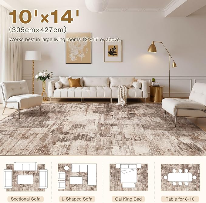 kakania Abstract 10x14 Area Rugs for Living Room: Washable Rugs Brown | Soft, Non-Slip, Low-Pile, Pet & Kid Friendly - Large Modern Home Decor Carpet for Bedroom/Dining Room/Office/Nursery
