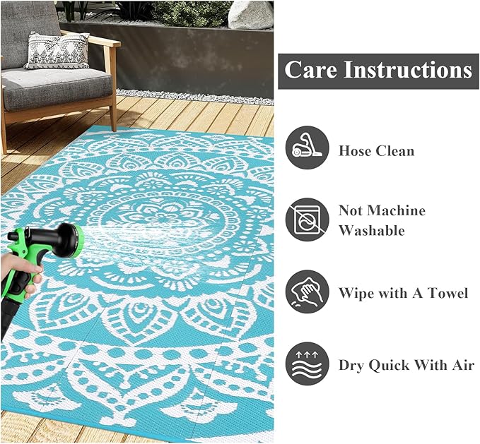 Bsmathom Waterproof Outdoor Rug 6'x9' Reversible Boho Plastic Straw Patio Deck Camping Rugs, Indoor Outdoor Portable RV Mat Clearance Carpet for Outside, Porch, Balcony, Backyard, Beach, Pool,Teal