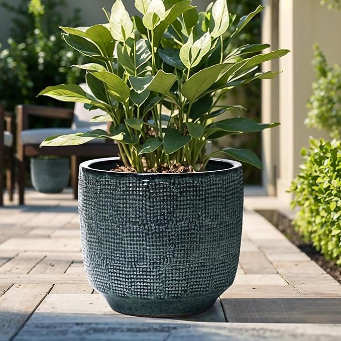 LuxenHome 15.75" Dia Large Ceramic Pots for Plants, Modern Green Glazed Planters for Outdoor Plants, Round Indoor Flower Pots with Drainage Hole and Rubber Plug for Home Garden Patio