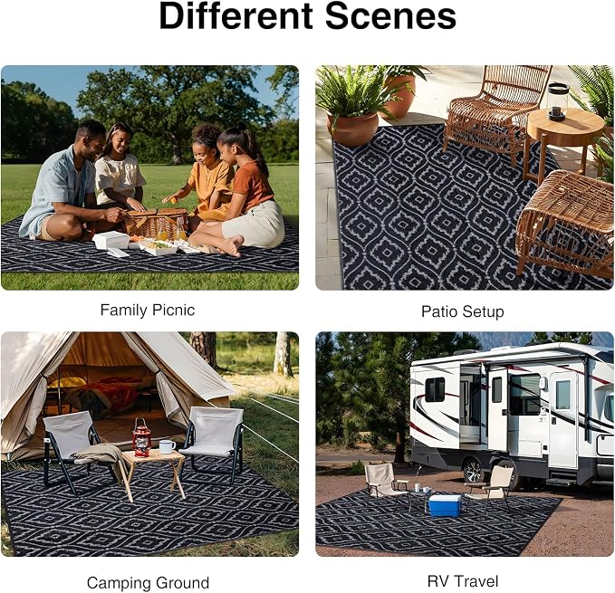 OLANLY Outdoor Rug 8x10 ft Waterproof, Outdoor Plastic Straw Rug with Geometric Pattern Clearance, Reversible RV Mat for Patio, Camping, Balcony, Deck, Backyard, Black & Beige