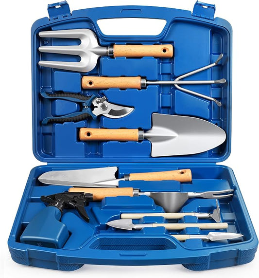 Grenebo 12-Piece Gardening Tool Set for Men, Rust-Proof & Heavy-Duty Hand Garden Tools with Sturdy Blue Carrying Case, Practical & Stylish Gardening Gifts for Men (Blue)