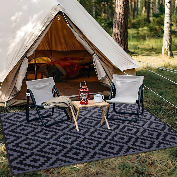 OLANLY Waterproof Outdoor Rug 8x10 ft, Outdoor Plastic Straw Rug for Camping, RV Mat Outside, Indoor Outdoor Carpet for Porch, Deck, Backyard, Balcony, Picnic, Black & Grey