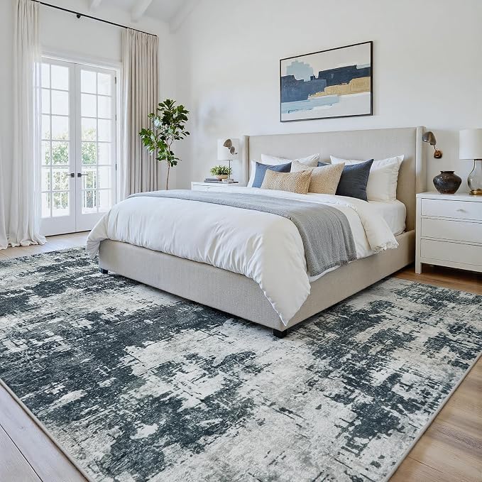 10x14 Area Rugs for Living Room: Washable Soft Black Abstract Carpet | Non-Slip TPE & Stain Resistant,0.25" Low-Pile,Kids Pet Friendly Modern Decor for Dining Room Farmhouse Office, Non-Shedding