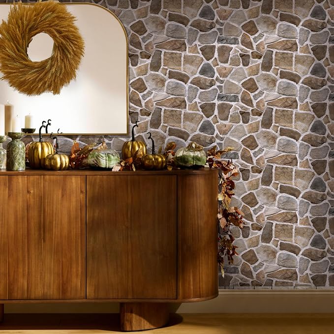 COMSTICKC 3D Faux Stone Wall Panels Peel and Stick Decorative Tiles, 12 Pcs 22.8" x 11.8", DIY UrltraLight PVC Fake Stone Rock Wall Covering for Kitchen, Living Room Background, Covers 22.48 sq.ft