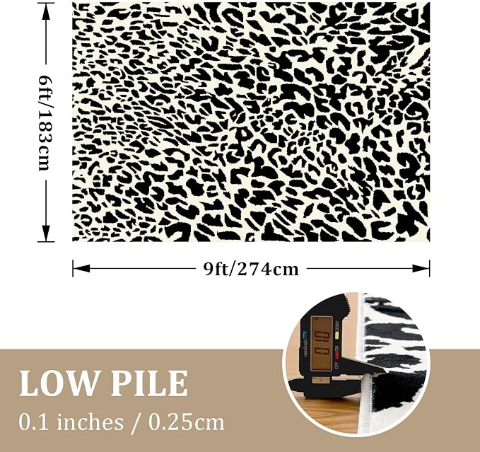 Leopard Rug for Living Room, Black and White Cute Cheetah Print Rug Modern Washable Animal Printed Rugs for Bedroom, Girls Boys Dorm Room Nursery Room, Playroom, 6x9