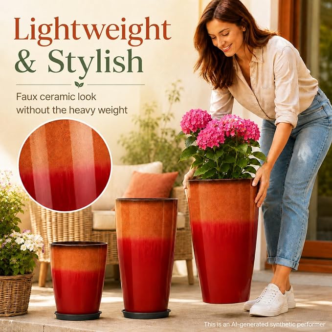 Neoaider Set of 3 Tall Planter, 24/21/12in Large Plastic Planter, Firey Red | Ceramic-Look, Lightweight, Built-in Drain Hole, Saucers, Tall Outdoor Planter for Porch, Garden, Patio, Balcony