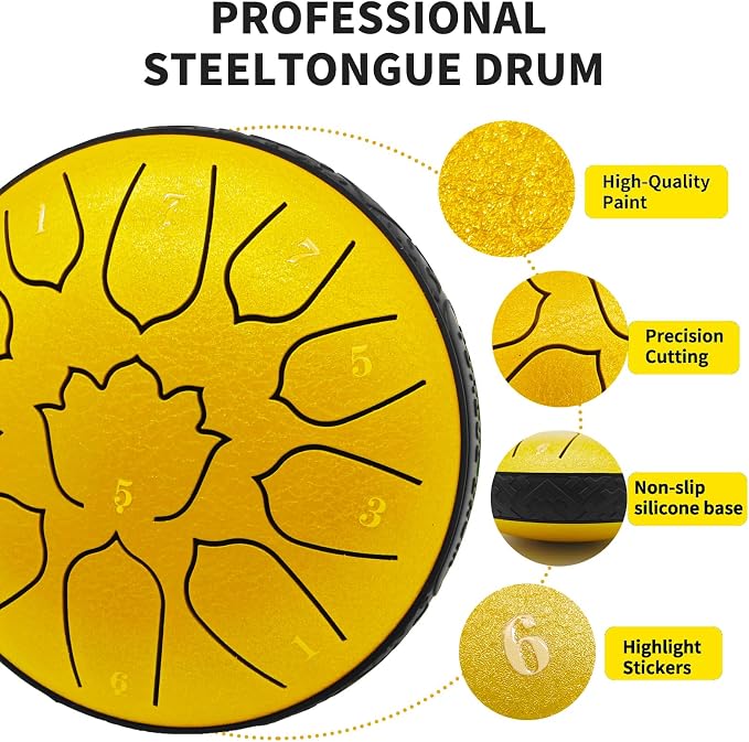 Steel Tongue Drum 11 Notes 6 Inches, Rain Drum for Outside with Bag, Music Book, Mallets, Finger Picks, Stickers – Meditation & Yoga Steel Drum