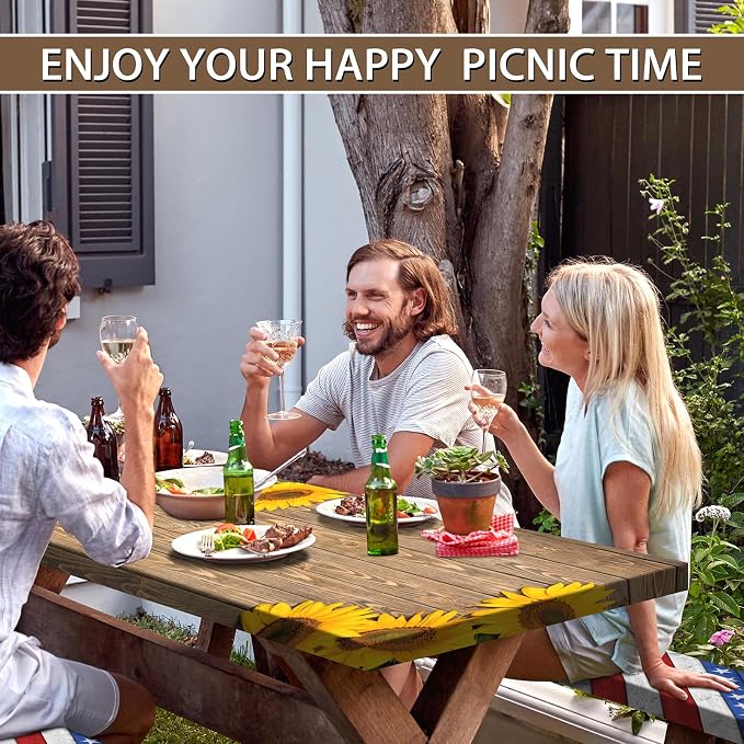 Picnic Table Cover with Bench Covers 6FT Sunflower Waterproof Fitted Picnic Table Cloths Wood Texture Outdoor Elastic Picnic Tablecloth Outdoor Camping Essentials(3pcs-72")
