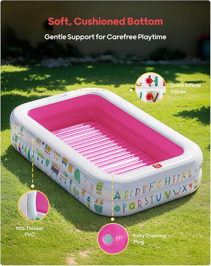 QPAU Baby Pool with Canopy, Inflatable Design, 65 x 39 in, Pink | Inflatable Design with Soft Cushioned Floor, Converts to a Ball Pit for Kids and Toddlers, for Indoor and Backyard Play