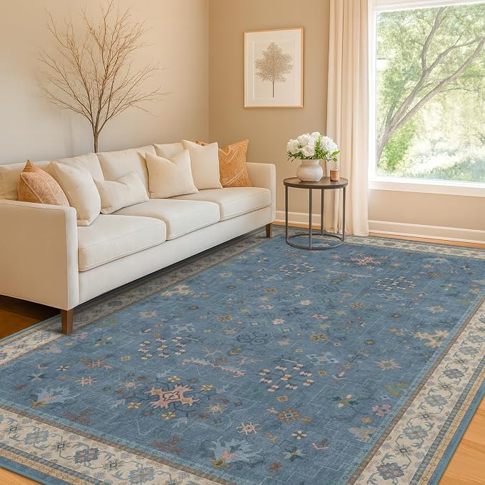 Boho 6x8 Living Room Rugs - Modern Blue Dining Room Rug for Under Table, Lightweight Washable Foldable Low Pile Soft Carpet, Eclectic Floral Bedroom Décor Aesthetic