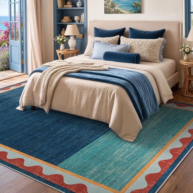 Mid-Century Washed Style Area Rug 5x7 Washable Carpet for Living Room, Non-Slip Low Pile Soft Rug for Bedroom, Kitchen, Entryway, Retro Teal