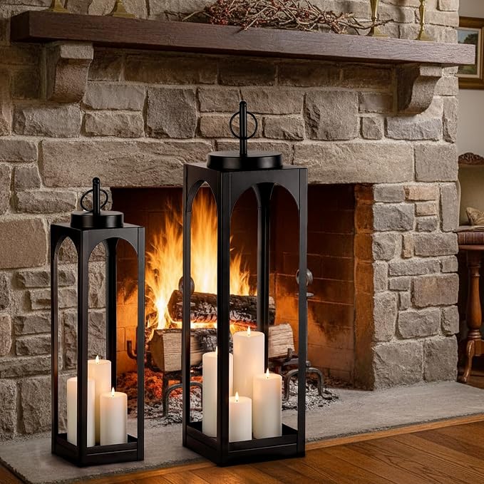 MATAHUM 24" 19" Large Lanterns Decorative Outdoor Indoor, 2 Pcs Black Metal Floor Candle Lanterns with Candle, Farmhouse Lantern Decor Outdoor Lanterns for Front Porch, Fireplace Mantel, Patio, Garden